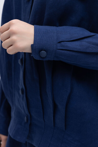 Önü Cep Kapaklı Keten Ceket Navy - 5