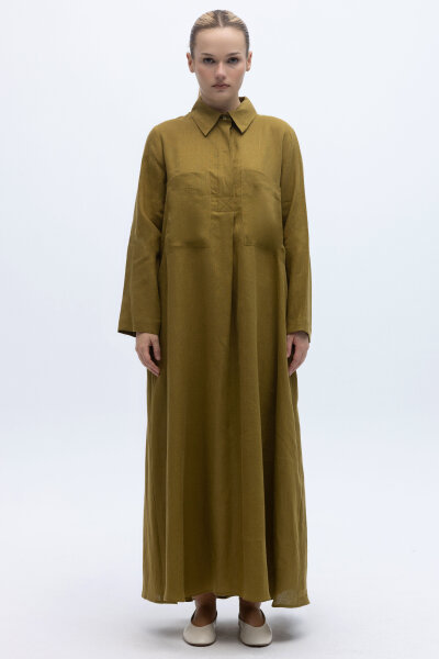 Önü Cepli Basic Keten Elbise Amber - MISS DALIDA