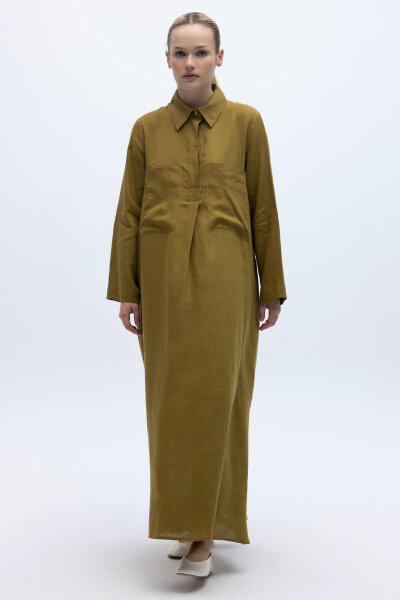 Önü Cepli Basic Keten Elbise Amber - 3