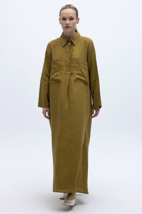 Önü Cepli Basic Keten Elbise Amber - 3