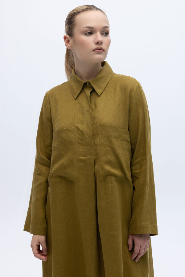 Önü Cepli Basic Keten Elbise Amber - 4