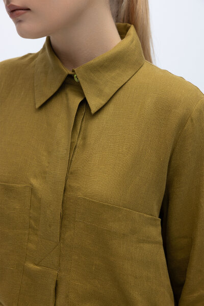 Önü Cepli Basic Keten Elbise Amber - 5