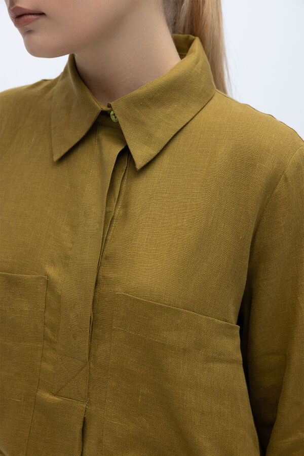 Önü Cepli Basic Keten Elbise Amber - 5