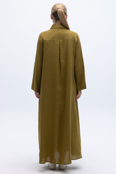 Önü Cepli Basic Keten Elbise Amber - 6