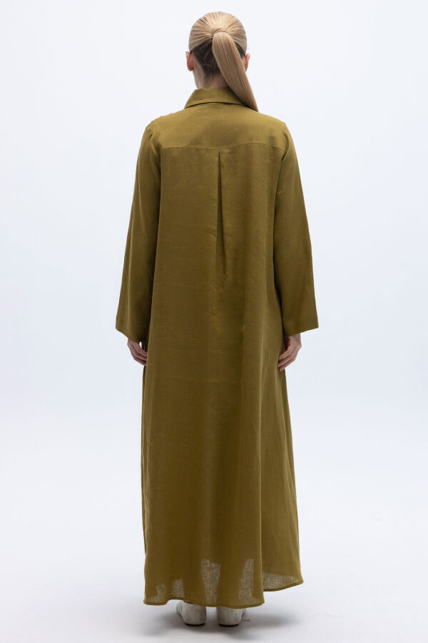 Önü Cepli Basic Keten Elbise Amber - 6