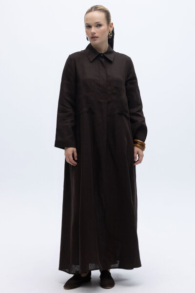 Önü Cepli Basic Keten Elbise Kahverengi - 1