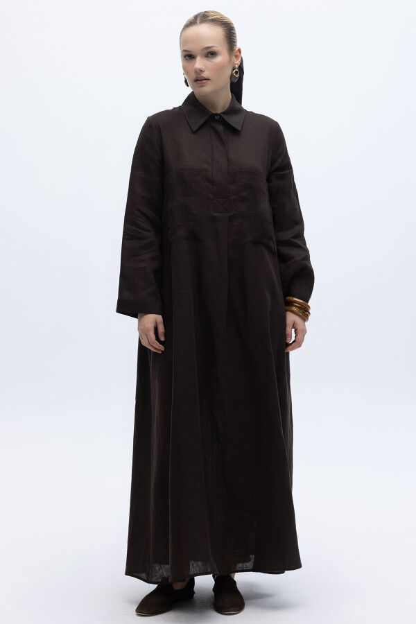 Önü Cepli Basic Keten Elbise Kahverengi - 1