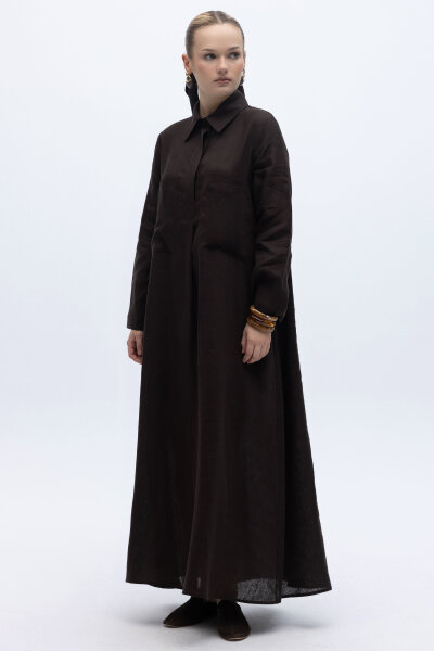 Önü Cepli Basic Keten Elbise Kahverengi - 2