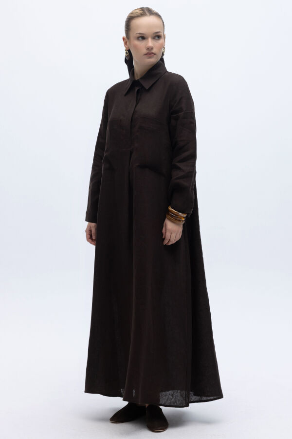 Önü Cepli Basic Keten Elbise Kahverengi - 2