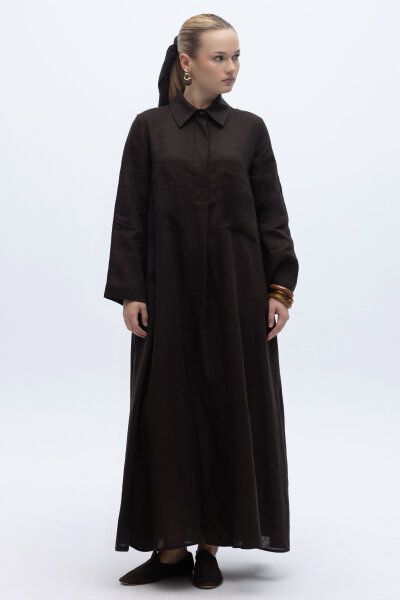 Önü Cepli Basic Keten Elbise Kahverengi - 3