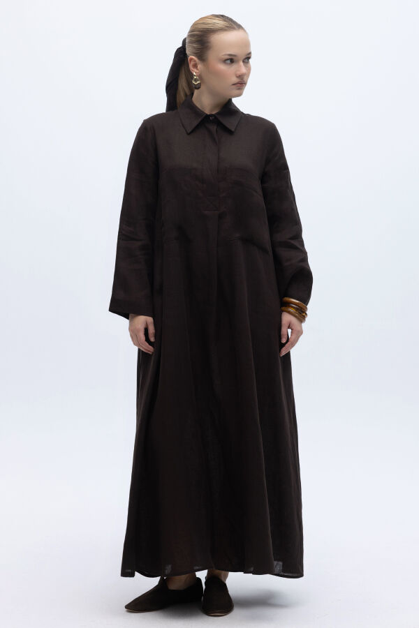 Önü Cepli Basic Keten Elbise Kahverengi - 3