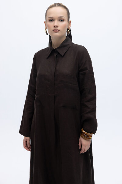 Önü Cepli Basic Keten Elbise Kahverengi - 4