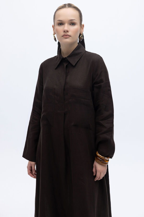 Önü Cepli Basic Keten Elbise Kahverengi - 4