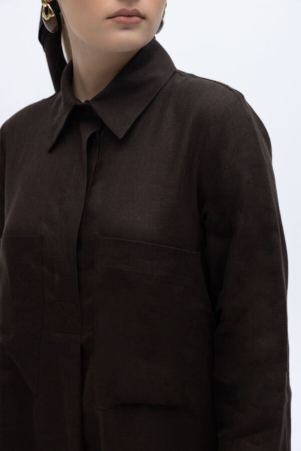 Önü Cepli Basic Keten Elbise Kahverengi - 5