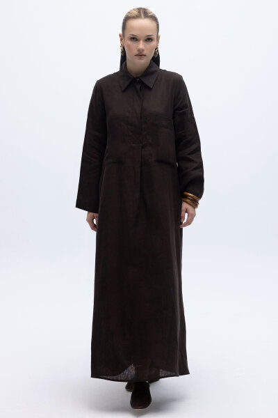 Önü Cepli Basic Keten Elbise Kahverengi - 6