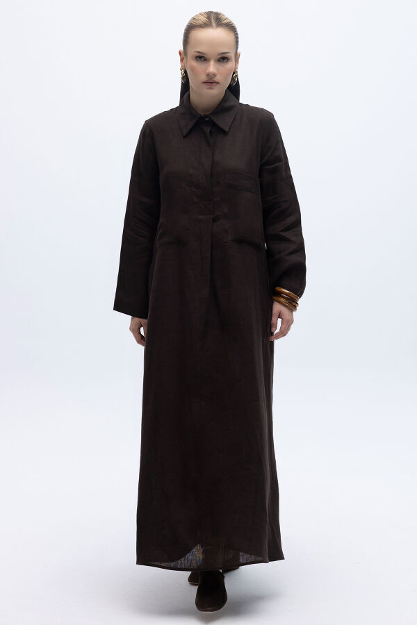 Önü Cepli Basic Keten Elbise Kahverengi - 6