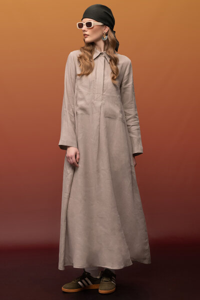 Önü Cepli Basic Keten Elbise Stone 