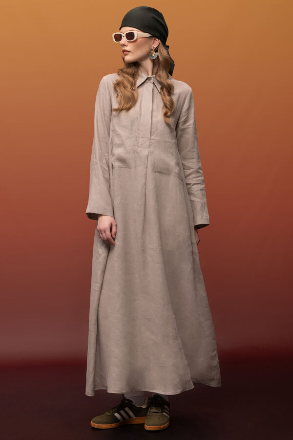 Önü Cepli Basic Keten Elbise Stone - 1