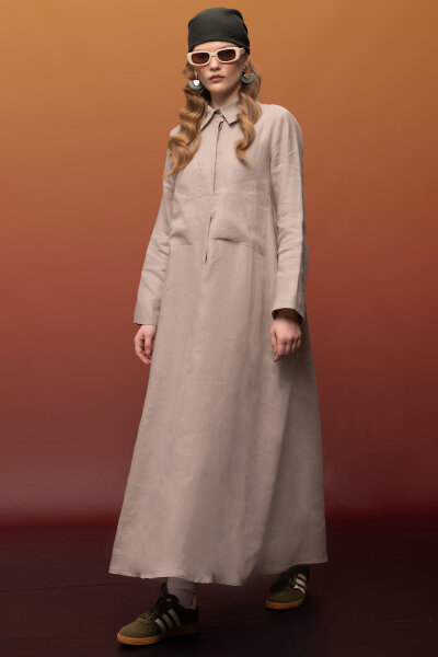 Önü Cepli Basic Keten Elbise Stone - 2