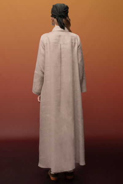 Önü Cepli Basic Keten Elbise Stone - 4
