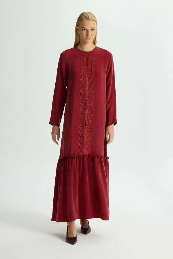 Önü Dantelli Cupro Elbise Cherry - 2