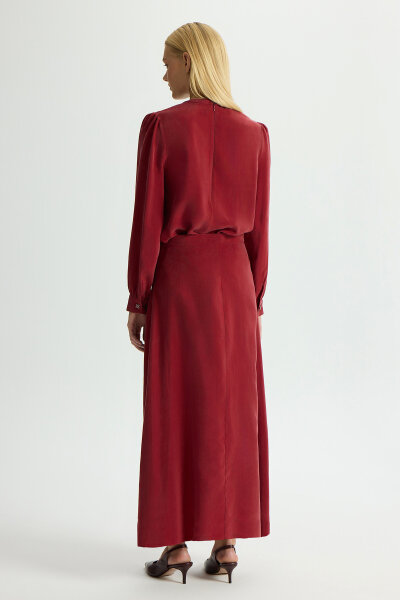 Önü Düğmeli Cupro Etek Cherry - 4