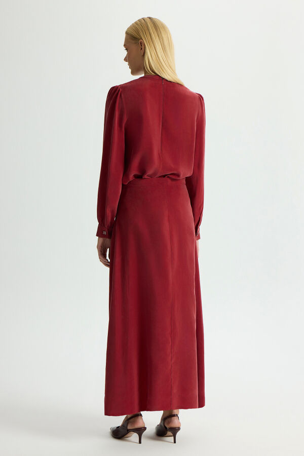 Önü Düğmeli Cupro Etek Cherry - 4