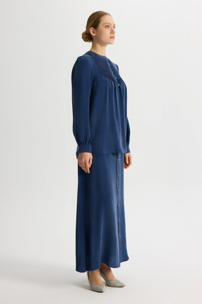 Önü Düğmeli Cupro Etek Navy - 2