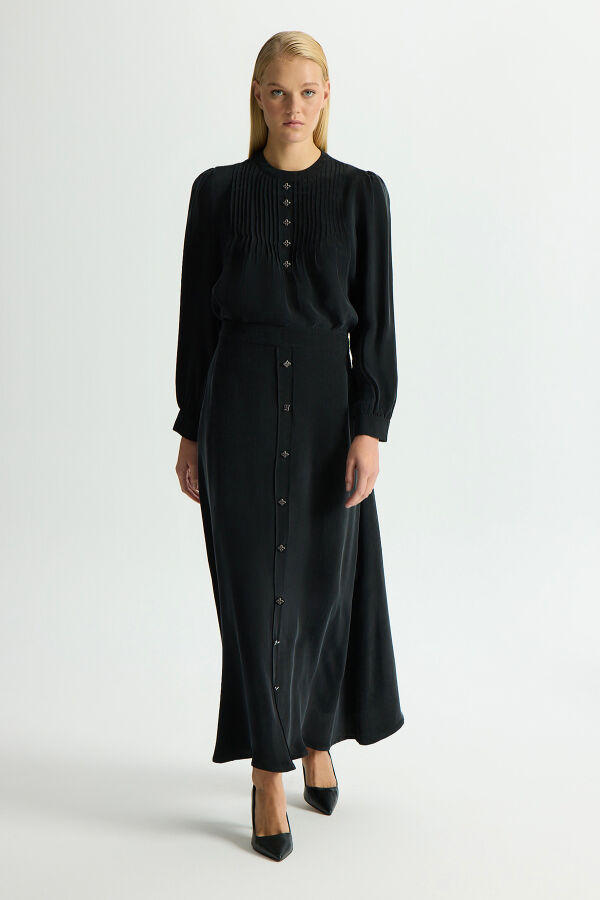 Önü Düğmeli Cupro Etek Siyah - 1