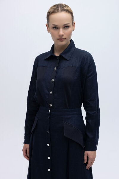 Önü Düğmeli Kısa Keten Ceket Siyah 