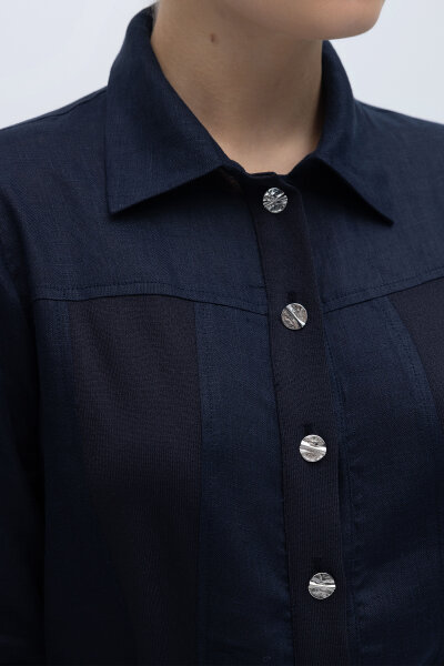 Önü Düğmeli Kısa Keten Ceket Lacivert - 2