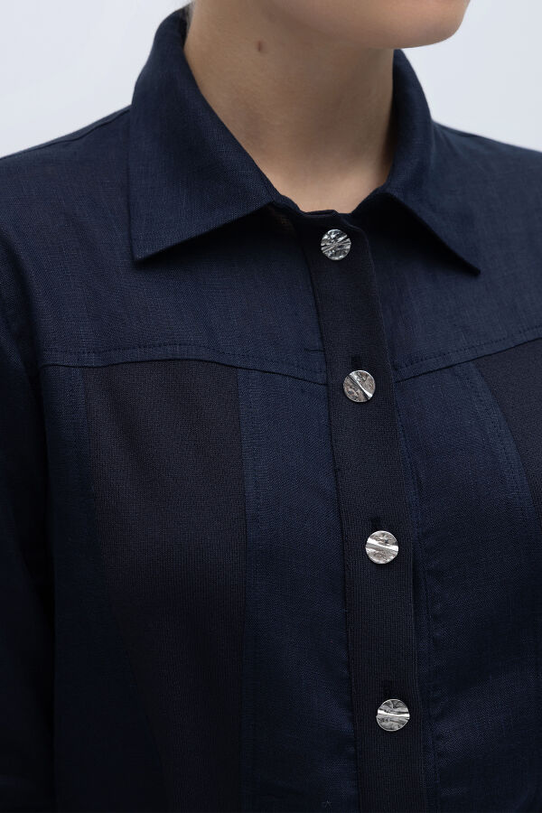 Önü Düğmeli Kısa Keten Ceket Lacivert - 2