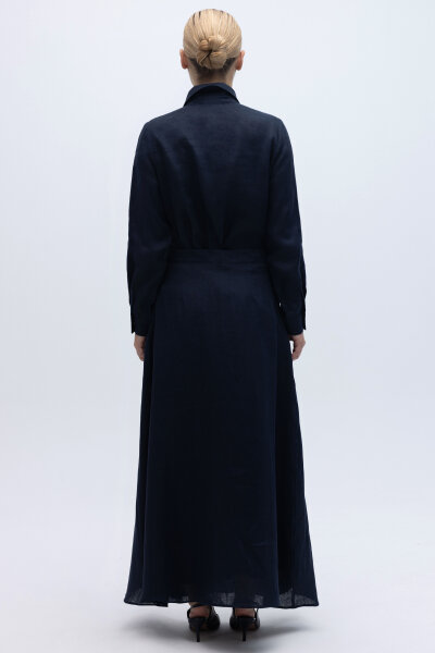 Önü Düğmeli Kısa Keten Ceket Lacivert - 3