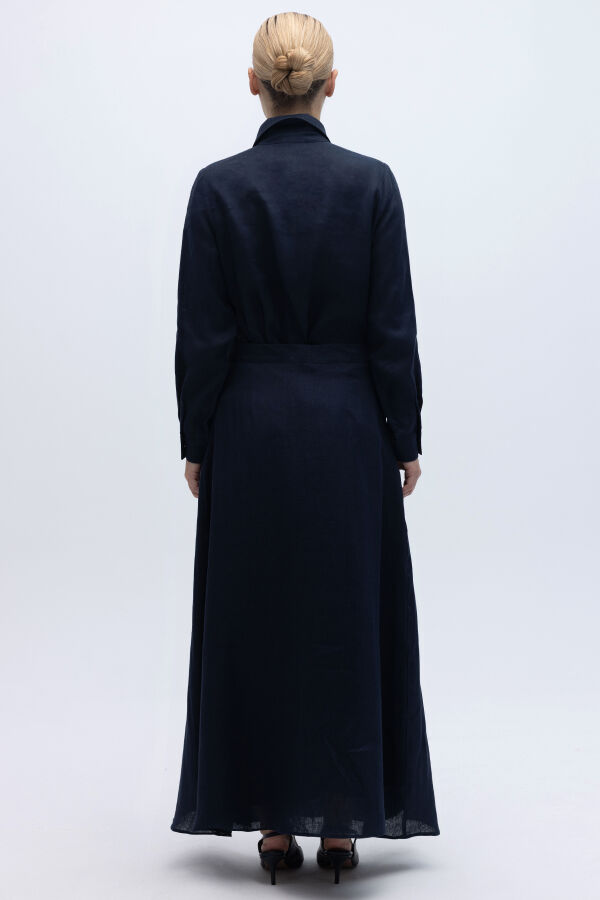 Önü Düğmeli Kısa Keten Ceket Lacivert - 3