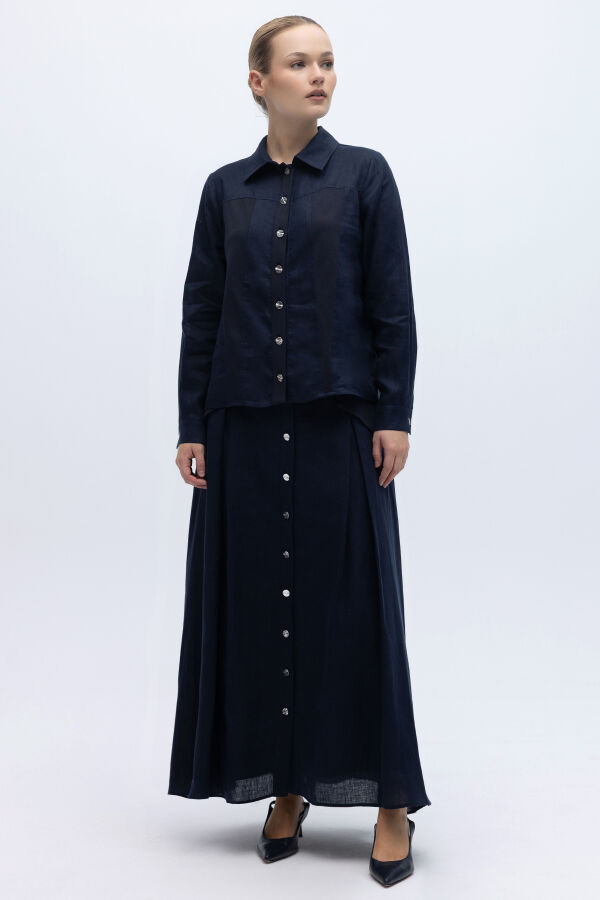 Önü Düğmeli Kısa Keten Ceket Lacivert - 4