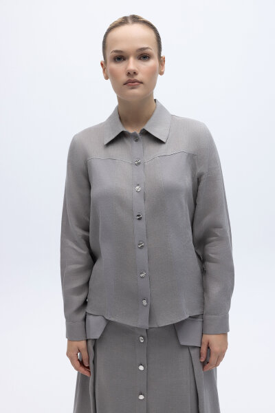 Önü Düğmeli Kısa Keten Ceket Gri 