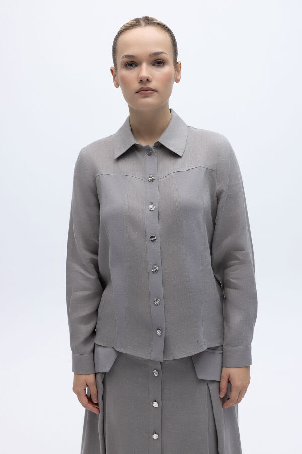 Önü Düğmeli Kısa Keten Ceket Gri - 1