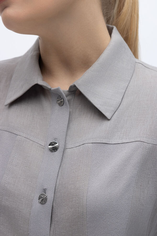 Önü Düğmeli Kısa Keten Ceket Gri - 2