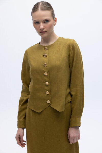 Önü Düğmeli Kısa Keten Ceket Amber 