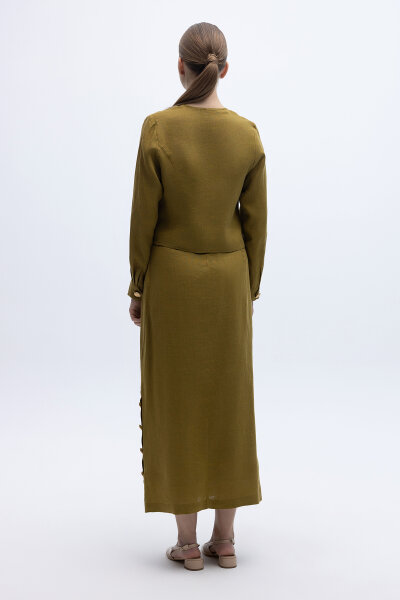 Önü Düğmeli Kısa Keten Ceket Amber - 3