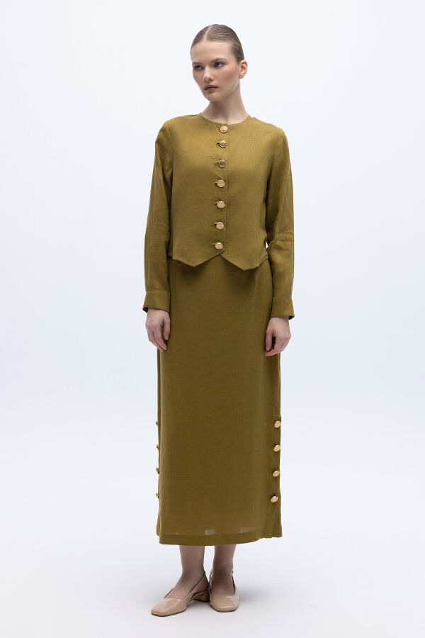 Önü Düğmeli Kısa Keten Ceket Amber - 4