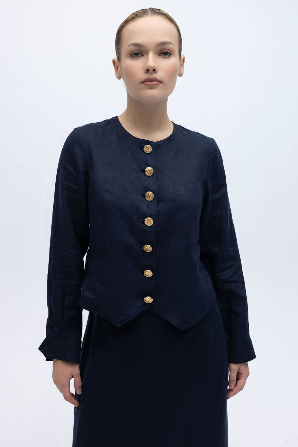 Önü Düğmeli Kısa Keten Ceket Siyah - 1