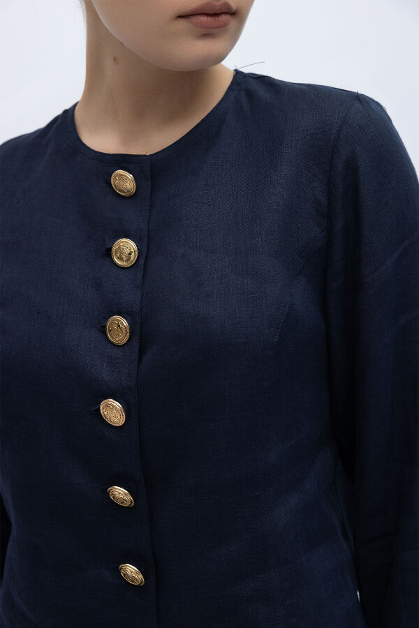 Önü Düğmeli Kısa Keten Ceket Siyah - 2