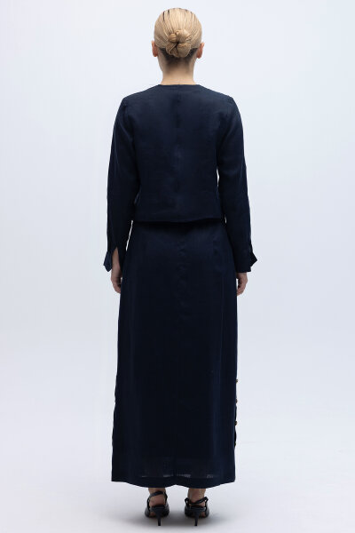 Önü Düğmeli Kısa Keten Ceket Siyah - 3