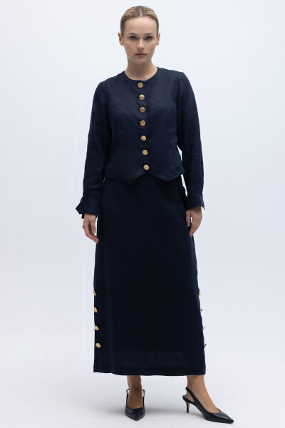 Önü Düğmeli Kısa Keten Ceket Siyah - 4