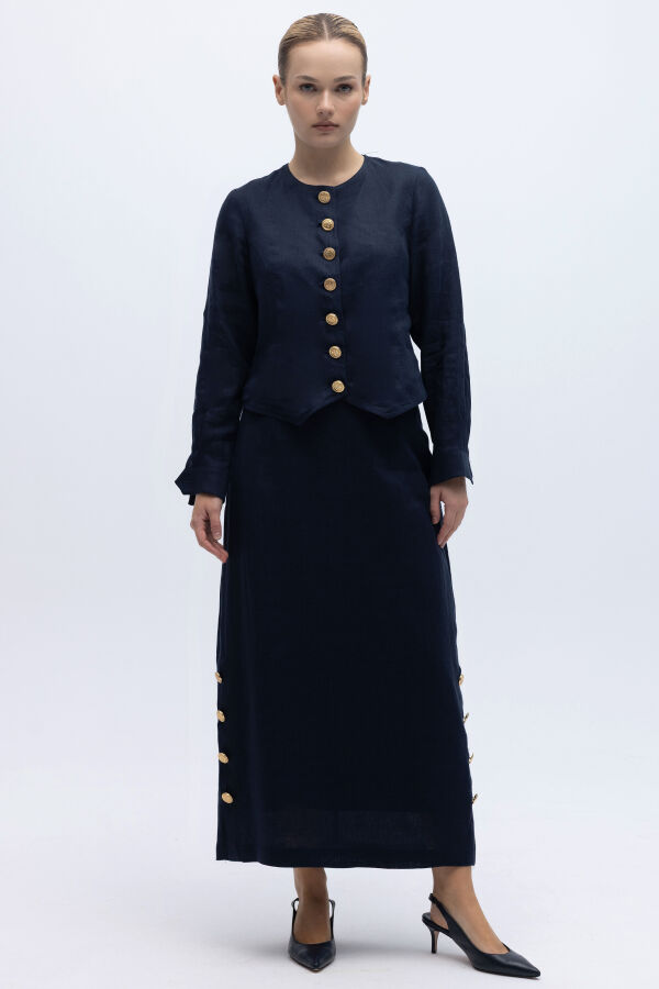 Önü Düğmeli Kısa Keten Ceket Siyah - 4