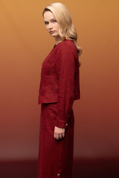 Önü Düğmeli Kısa Keten Ceket Cherry - 2