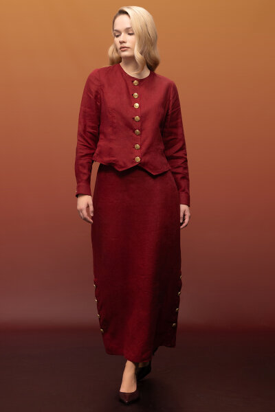 Önü Düğmeli Kısa Keten Ceket Cherry - 3