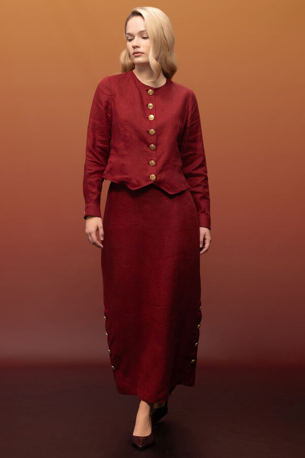 Önü Düğmeli Kısa Keten Ceket Cherry - 3