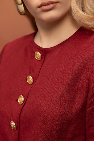 Önü Düğmeli Kısa Keten Ceket Cherry - 5